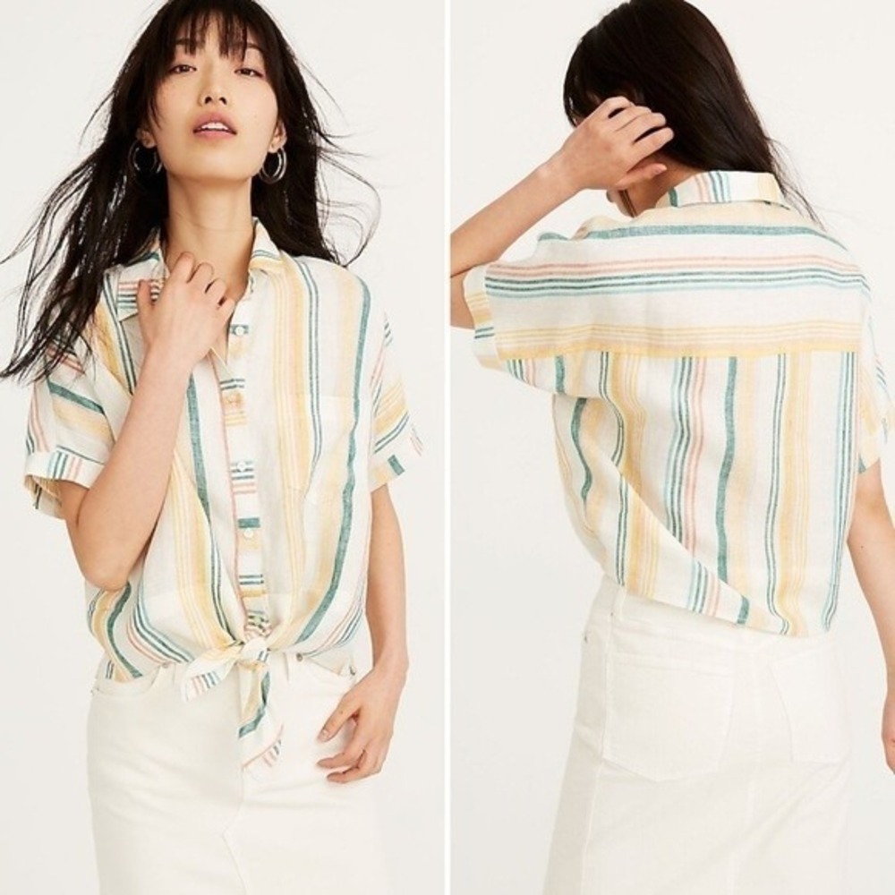 Madewell Linen Top Tie Front Pineapple Stripe Relaxed Summer Coastal Beach SZ S